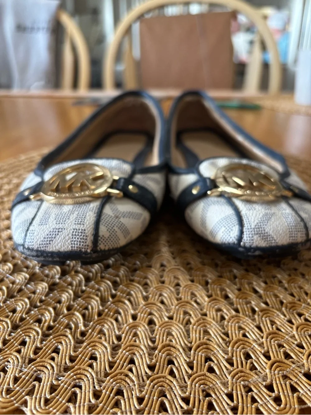 Michael Kors White and Navy Logo Leather Trim Flats